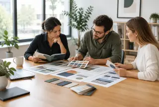 Trois professionnels examinent une stratégie de marque, des éléments de design et des supports de communication autour d’une table.